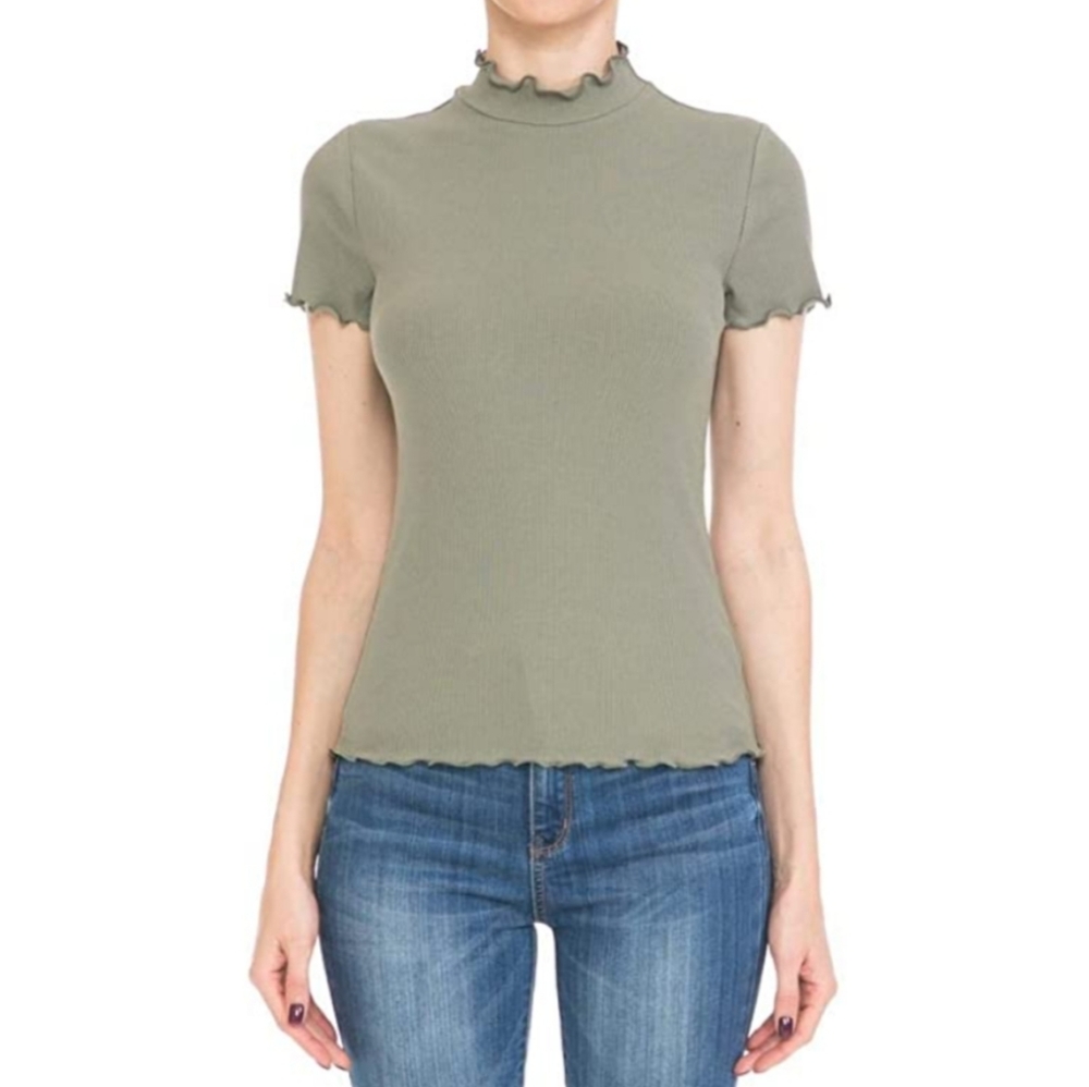 Green short sleeve solid high neck lettuce shirt